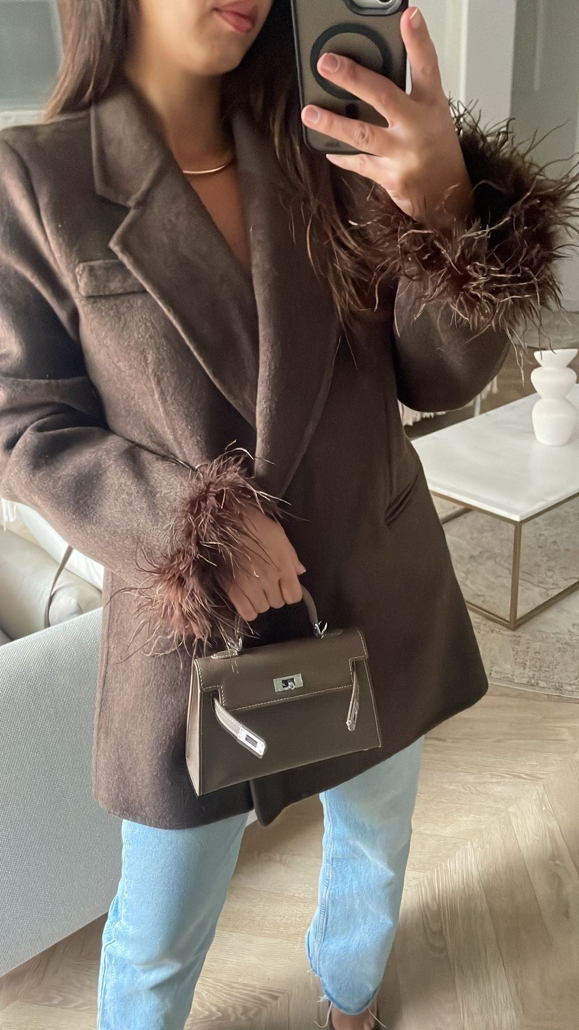 Manteau Marron à plume 100% Laine